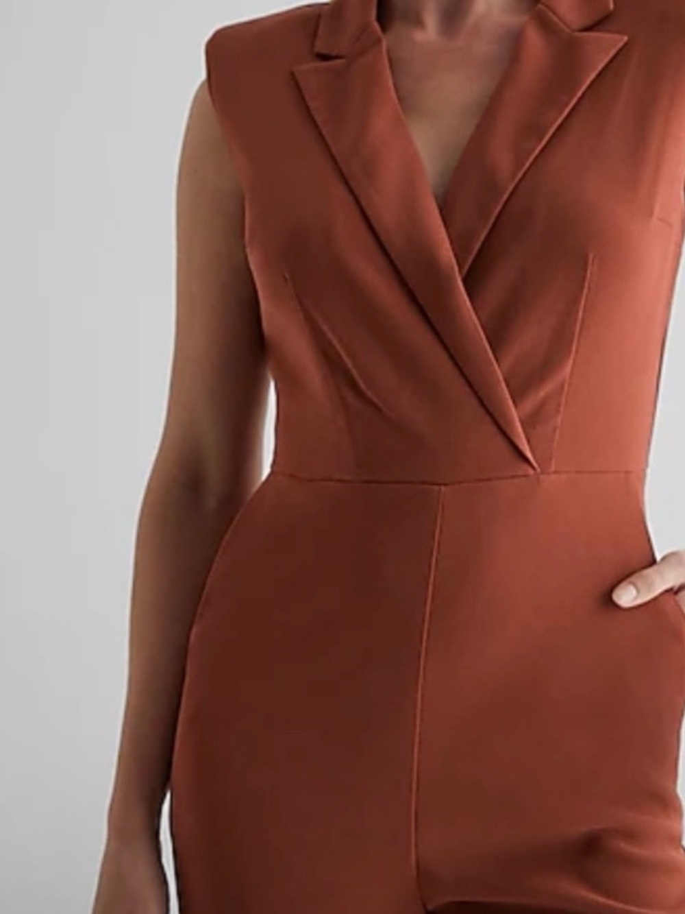 Express Sleeveless Tailored Jumpsuit in Rust with Cream Belt - Picture 3 of 4